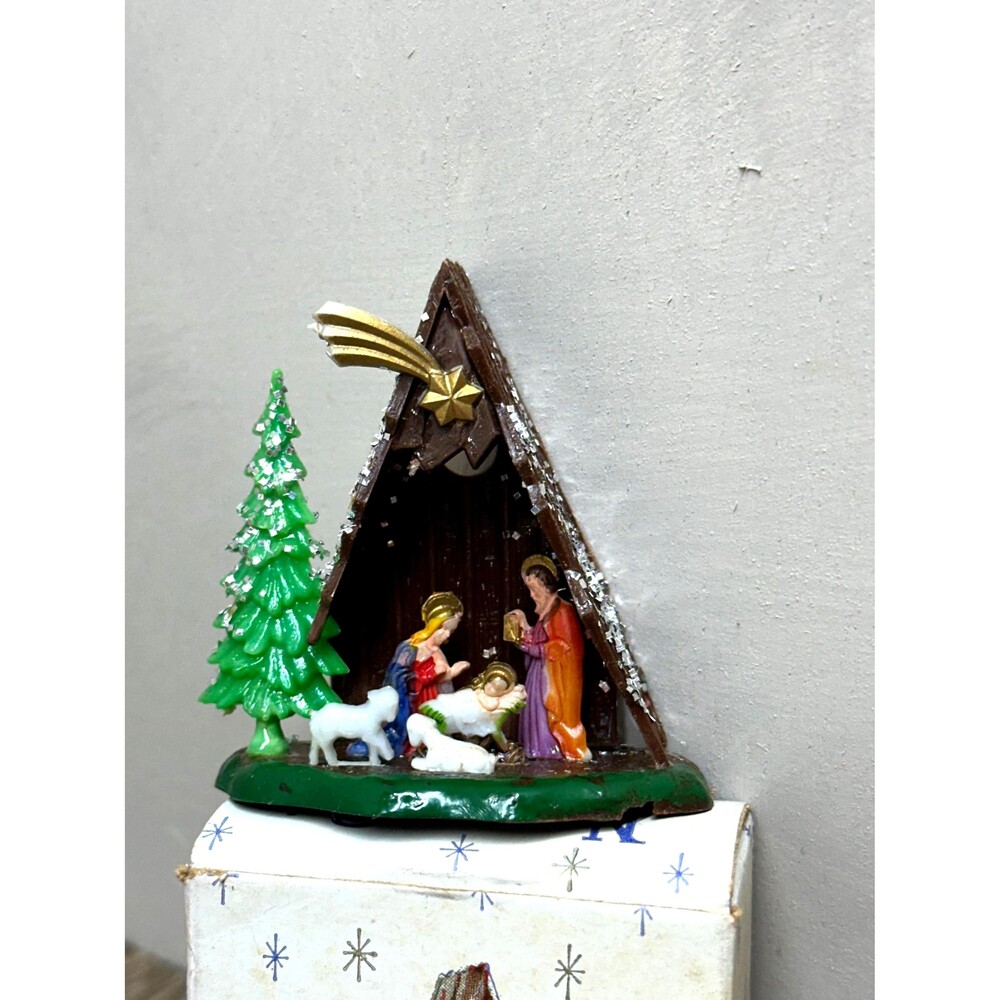 Vintage MCM 1960s Miniature Plastic Nativity Scene A-Frame Diorama Box Hong Kong